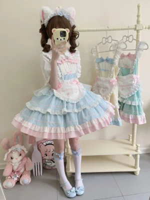 Cat ears sweet lolita jumper dress JSK baby blue front view full outfit mirror selfie with detachable pink bow and ruffled skirt