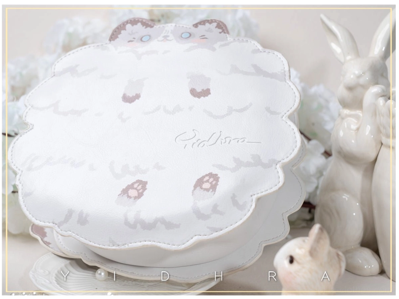Kawaii cat leather shoulder bag product photography featuring scalloped silhouette and embroidered feline details for lolita fashion coordination
