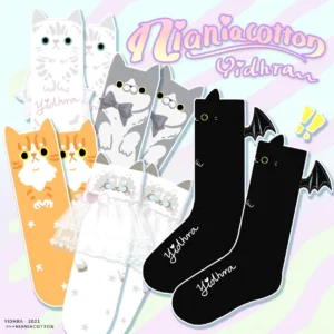 Cat-themed lolita cotton socks collection flat lay with cute cartoon cat mascots decoration and bow details