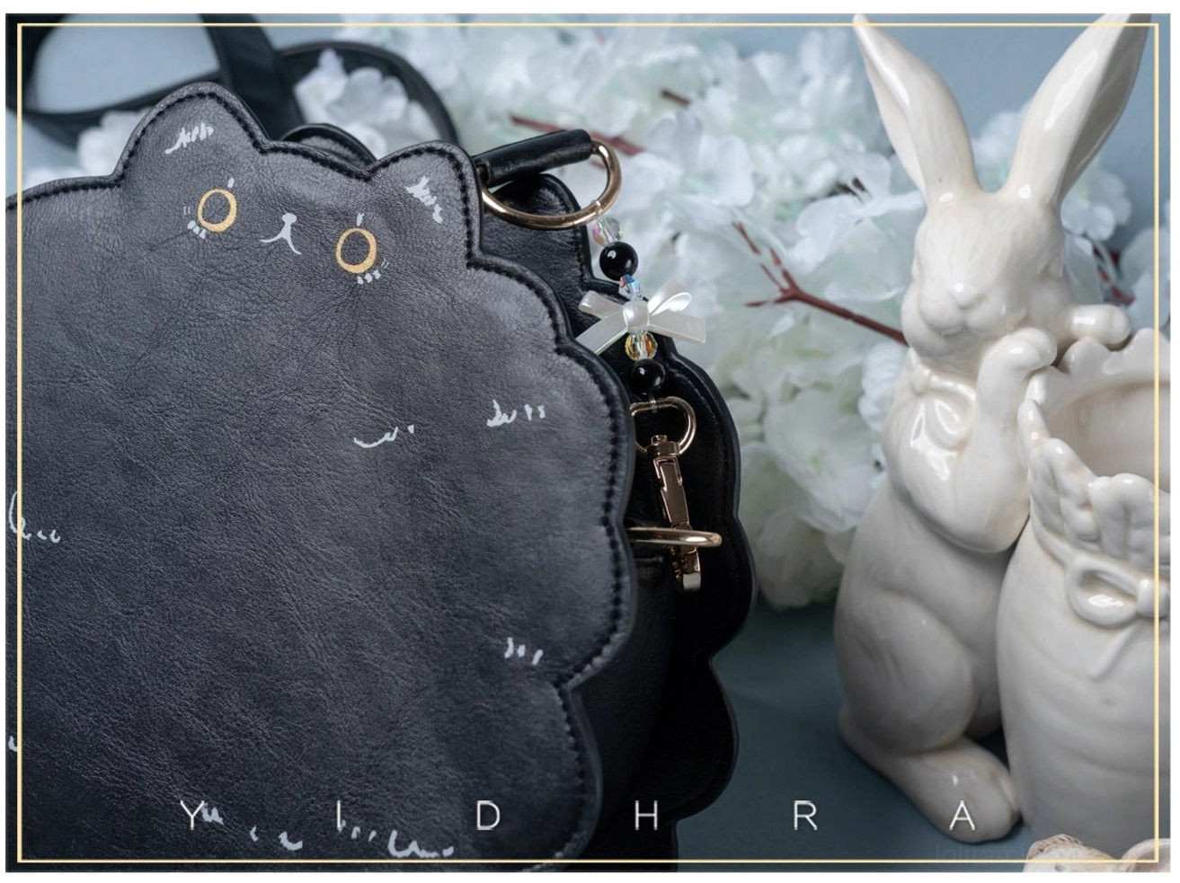 Kawaii cat leather shoulder bag pearl chain version with luxurious portable chain attachment for elevated lolita occasion wear