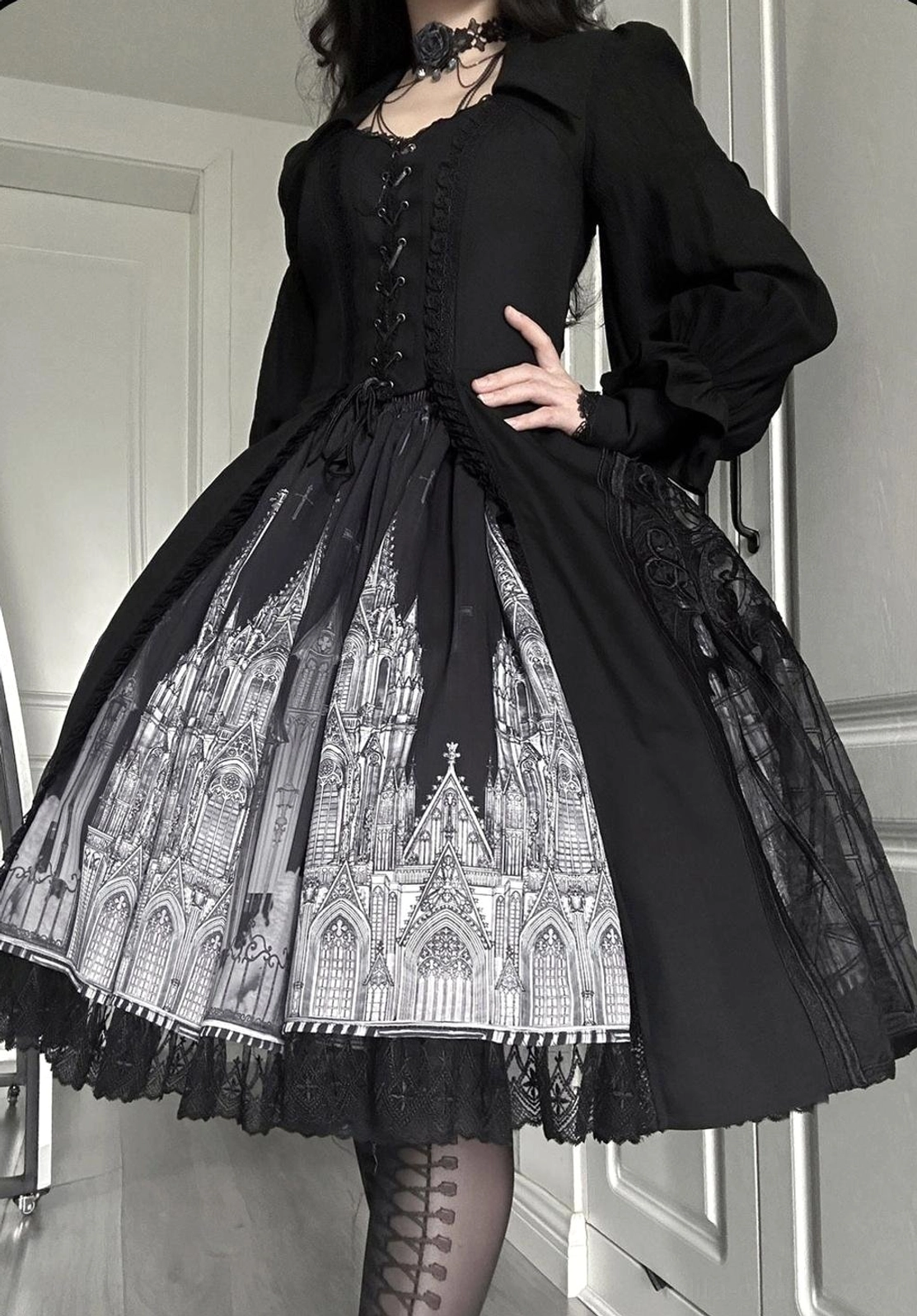 Cathedral window print gothic lolita skirt delicate lace hemming vintage charm everyday lolita wear showcase