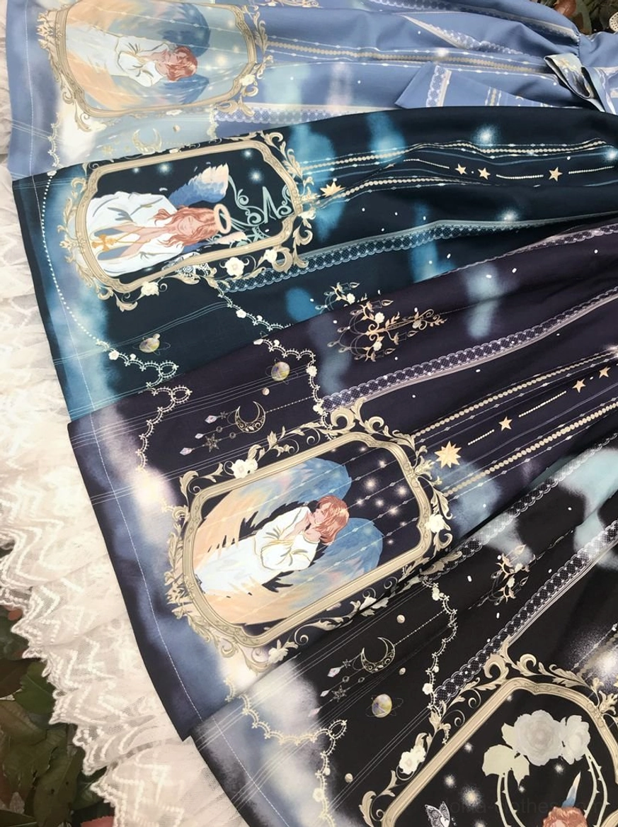 Celestial blessing angel-themed Lolita JSK detail shot showing vintage angel portrait prints and celestial motifs