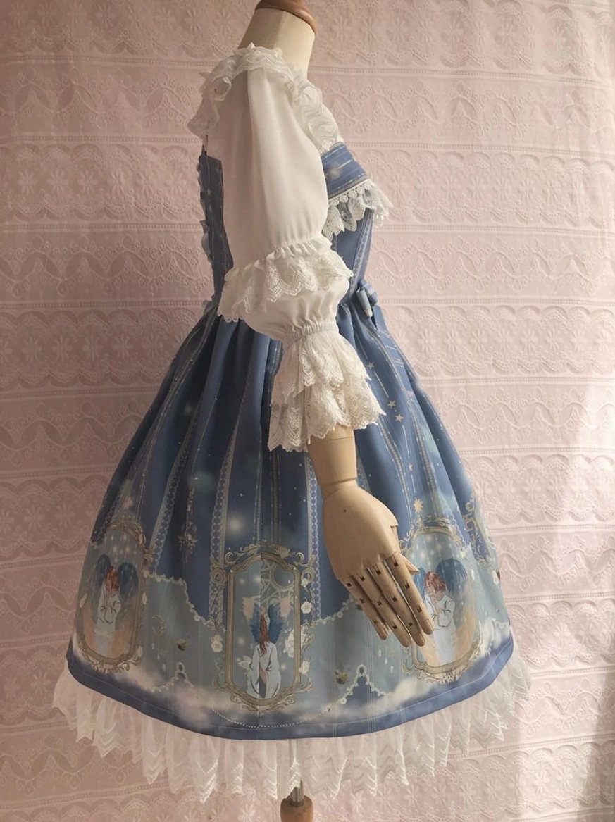 Celestial Lolita JSK with angel prints and pleated blue skirt - left side view showing silhouette and design details
