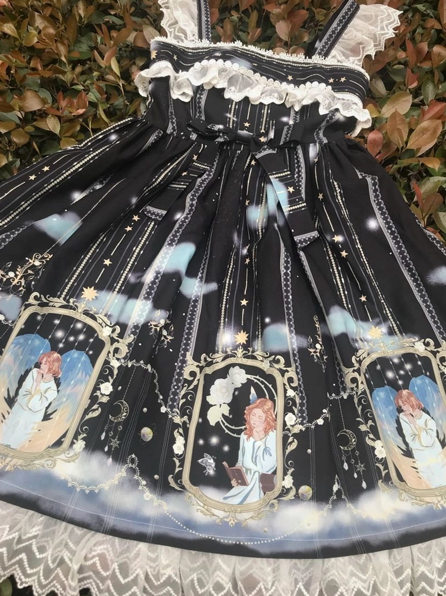 Celestial blessing Lolita JSK hem detail featuring lace edge and angel portrait prints with decorative mirror frames