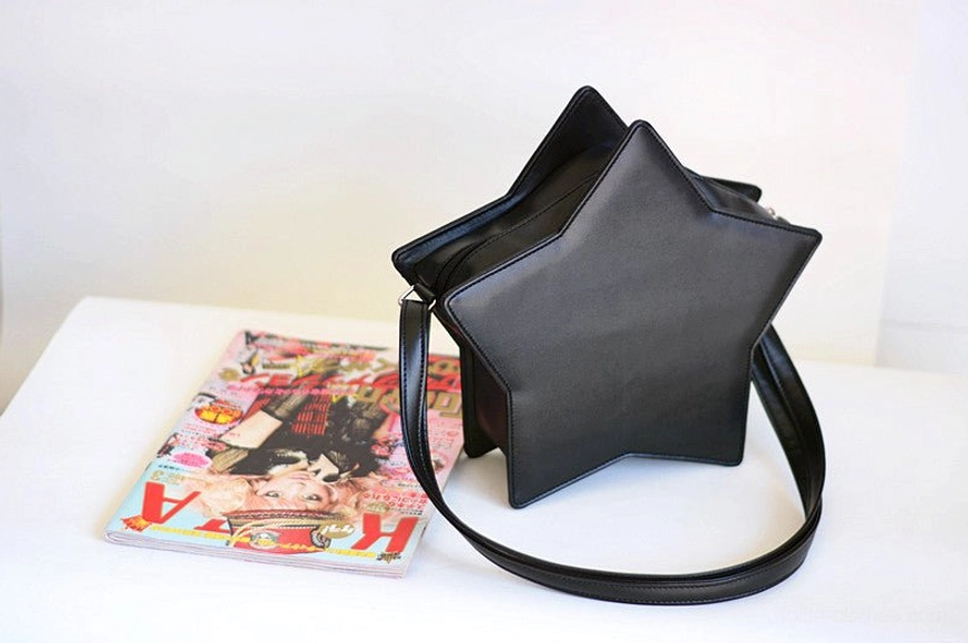 Celestial star-shaped Lolita crossbody messenger bag product showcase, Sweet Lolita aesthetic five-pointed design, handcrafted PU leather construction detail