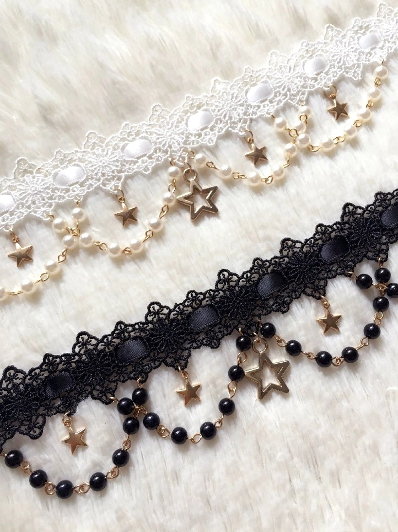 Celestial Whisper Lolita necklace accessory in black and white color options complementing vintage bow headdress coordinates