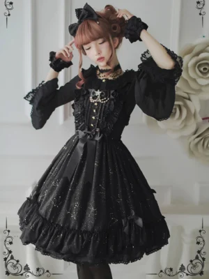 celestial-whispers-black-lolita-jsk-dress-constellation-foil-print-front-three-quarter-close-up-model-view