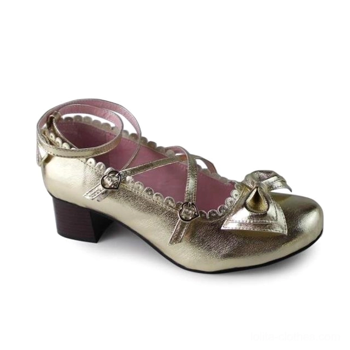Champagne gold metallic lolita tea party heels with scalloped collar, crossover heart-buckle straps, decorative front bow, pink inner lining, block heel side view