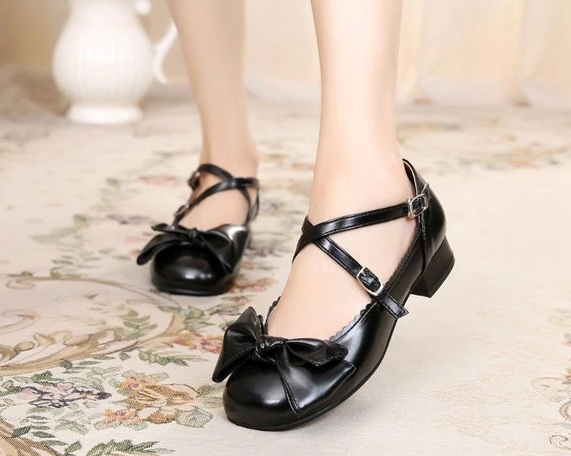 Champagne gold lolita bow cross-strap low heel leather shoes mary jane metallic