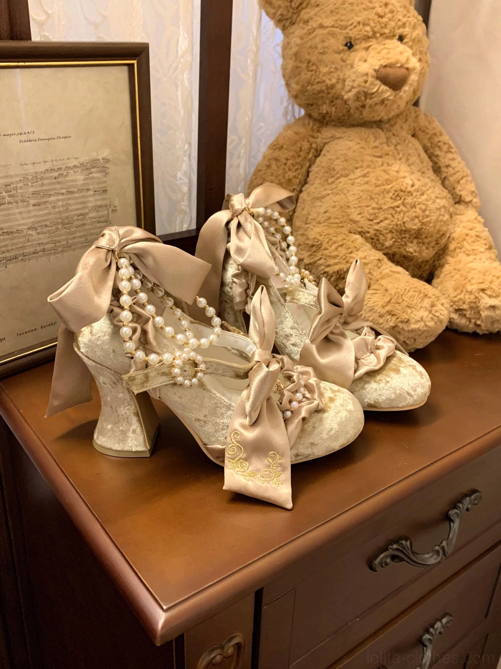 Champagne gold oversized satin bow embroidered Lolita high heels with pearl embellishments and chunky block heel vintage aesthetic