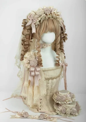 champagne classic lolita full outfit set with floral headdress and matching choker on mannequin