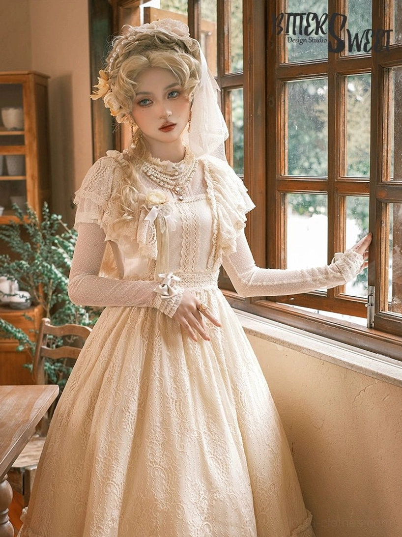Vintage champagne Lolita OP dress half-body side view by indoor window, model wearing flower hairpin and layered pearl necklaces, showcasing full lace bodice and sheer long sleeves in warm-toned vintage room