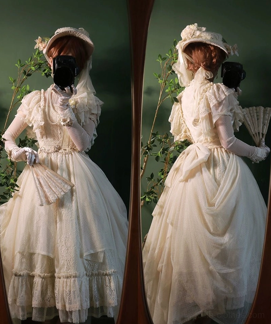 Champagne Lolita OP dress modeled in outdoor natural lighting showing champagne color accuracy, lace detail visibility, and overall silhouette in daylight setting