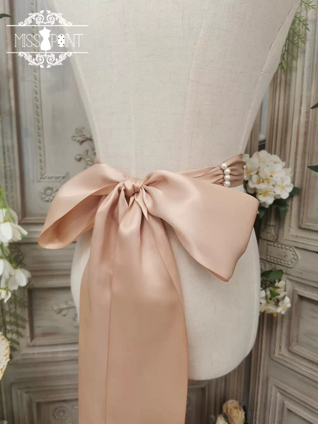 Champagne lolita ribbon beaded belt variant featuring handcrafted waistband with pearl decoration and delicate floral weaving
