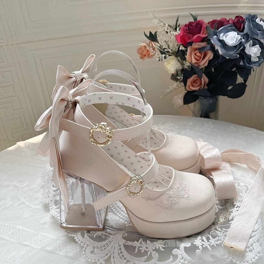Champagne satin lolita platform heels luminous neutrality sweet elegant aesthetic full view