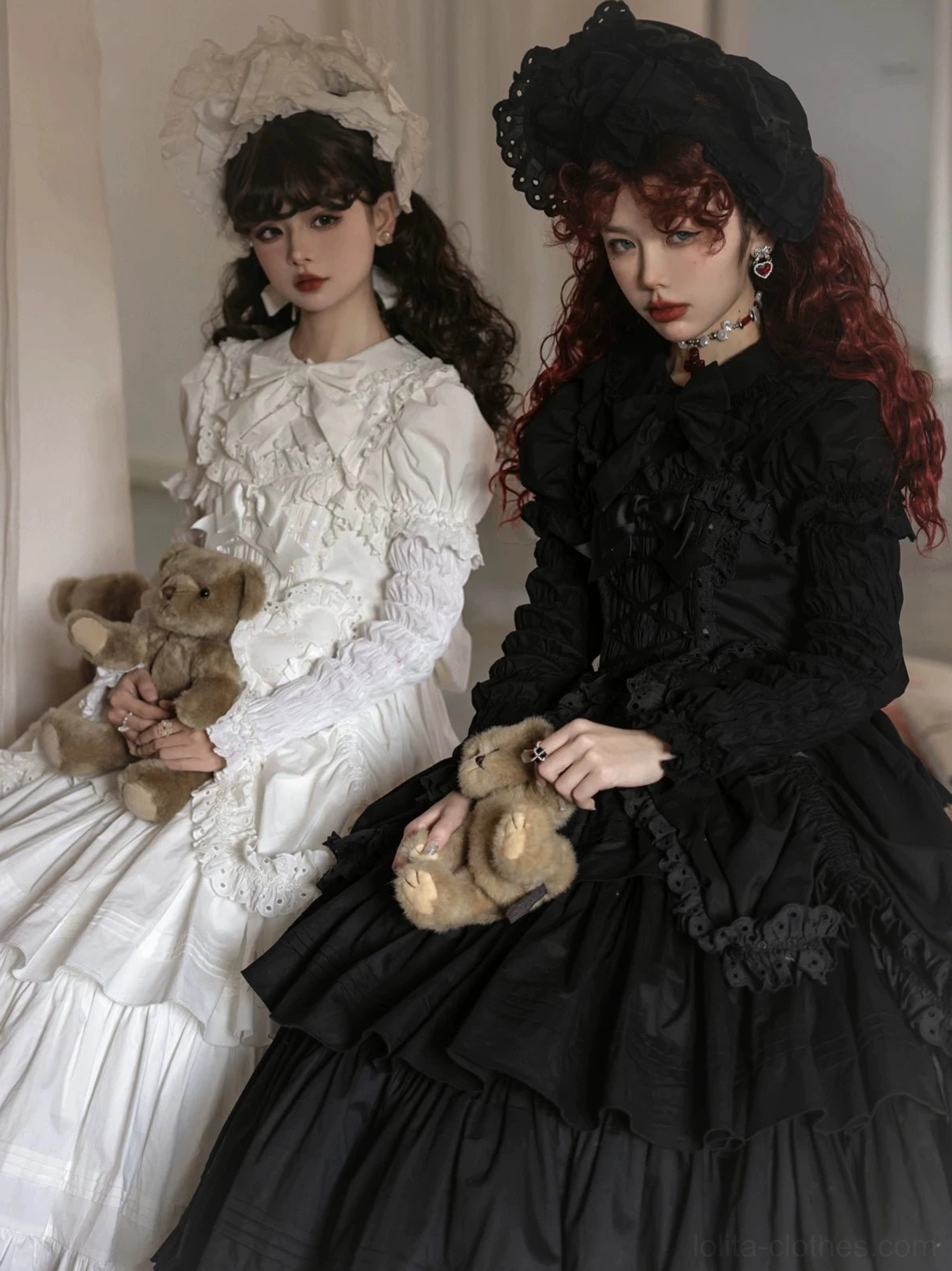 Front full-body mannequin shot of champagne striped Gothic Lolita JSK with striped satin fabric, tiered ruffled skirt, and lace-trimmed bodice