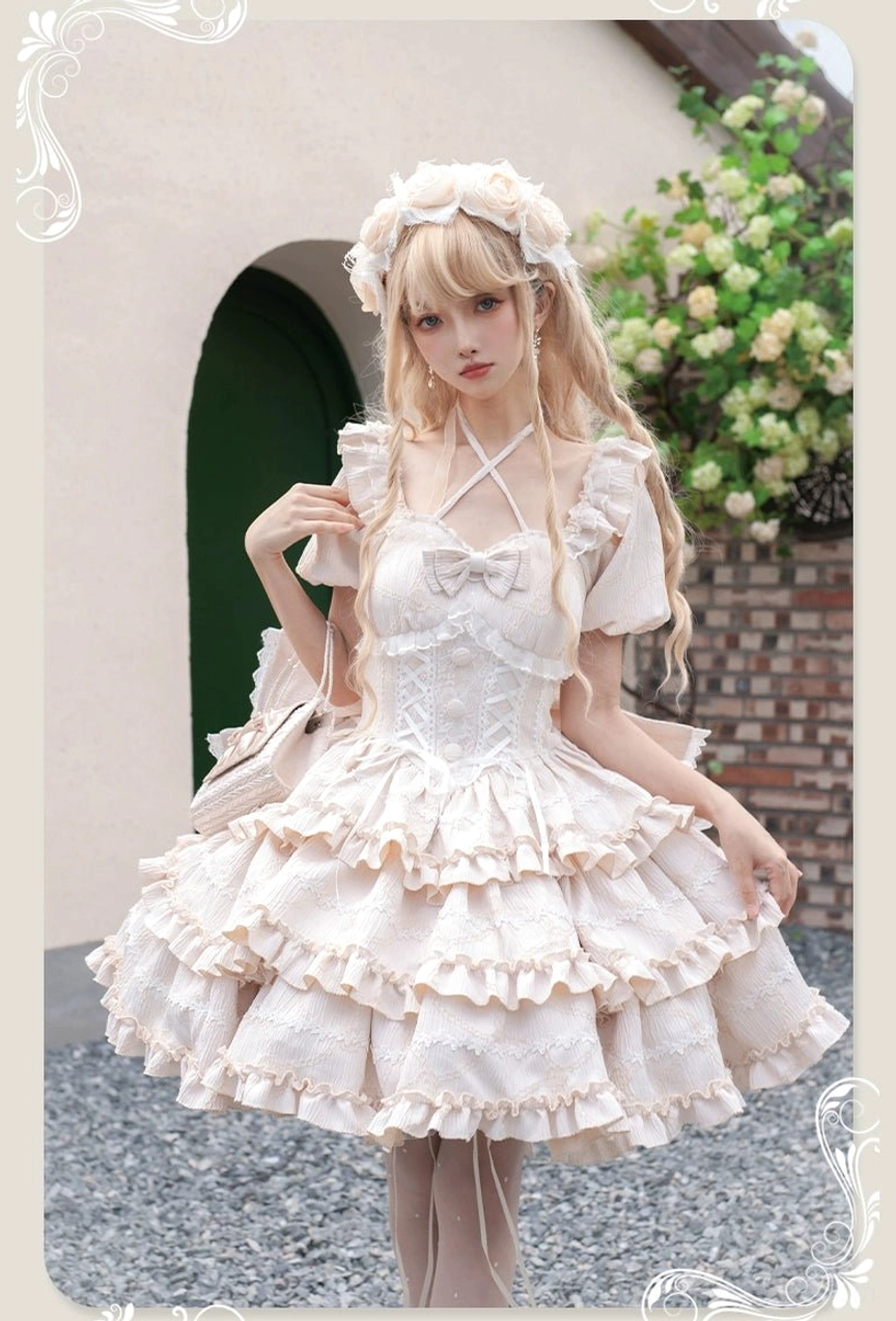 Champagne sweet lolita OP three-quarter front view arched villa doorway flower hair crown cross halter neckline