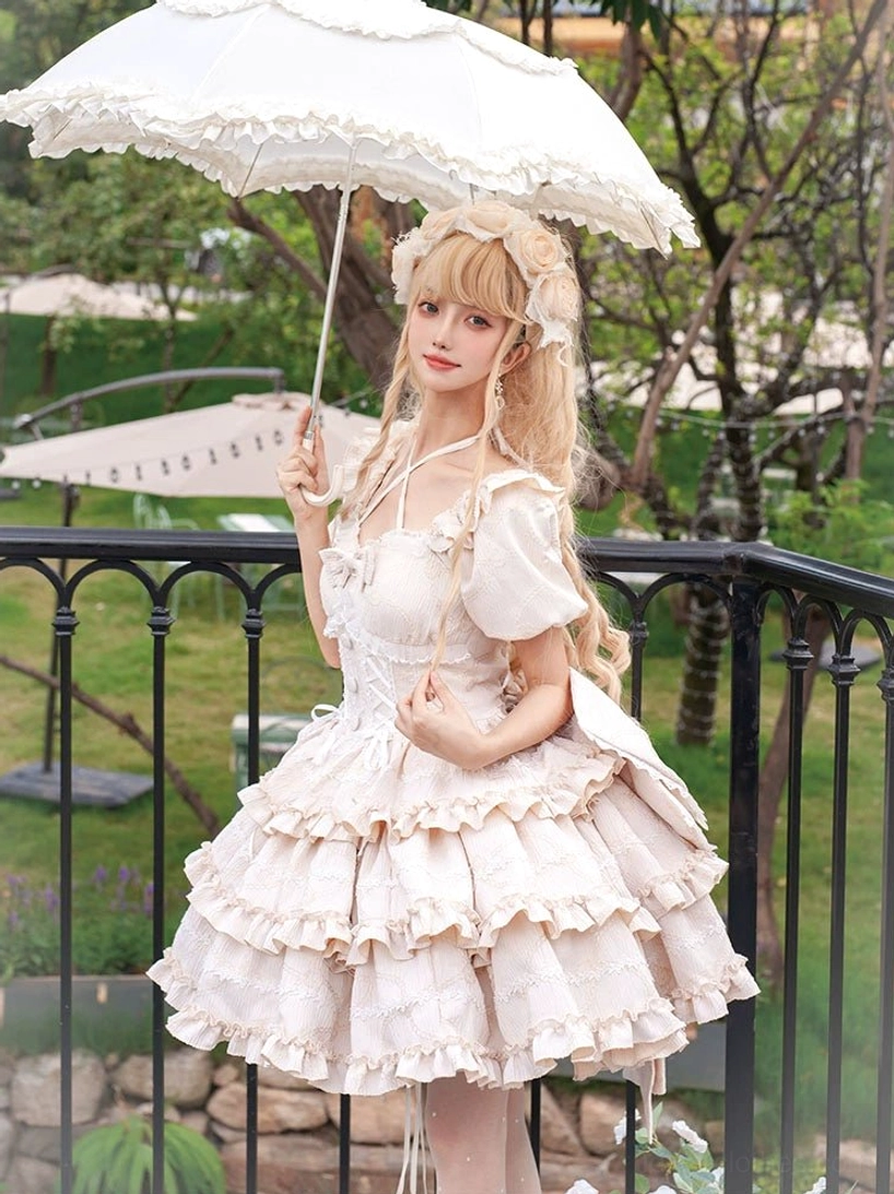 Ivory beige champagne sweet lolita OP princess dress three-quarter view balcony parasol ruffled sleeves front chest bow