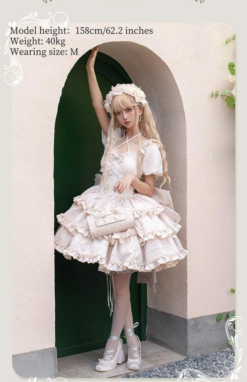 Champagne sweet lolita one-piece dress full front body view villa arched doorway tiered ruffle skirt coordinated accessories