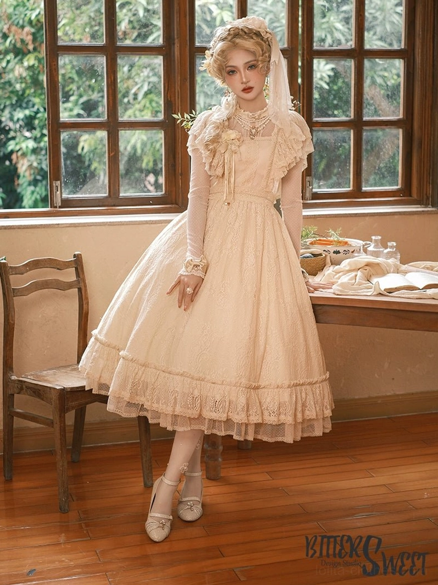 Champagne vintage Lolita OP dress full-length three-quarter side view with ruffled lace skirt hem, floral chest decoration, sheer wrist cuffs, worn with matching light beige high-heeled shoes in vintage European dining room