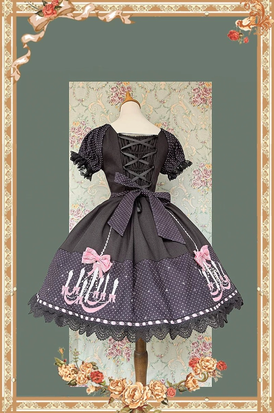 Full-length styling view of chandelier polka dot old school lolita OP dress displayed on mannequin showing complete silhouette and proportions
