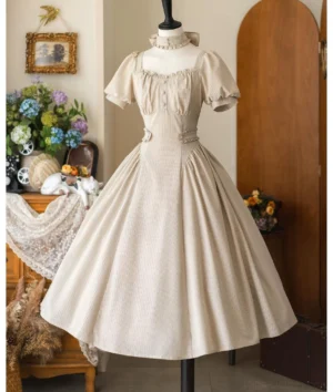 Front view of Chantilly Forest classic lolita OP dress in cream beige colorway with square neckline, puff sleeves, and structured choker on mannequin with floral decor