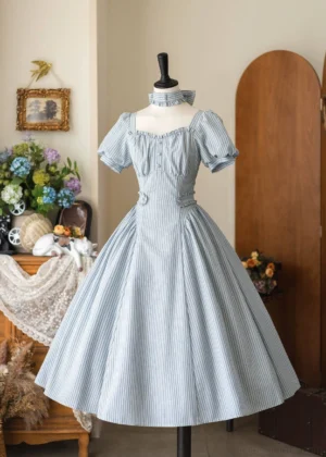 Front view of Chantilly Forest classic lolita OP dress with light blue striped fabric, square neckline, puff sleeves, and wide choker on mannequin in vintage studio setting