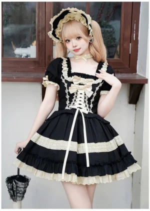 Black beige Gothic Lolita OP dress front three-quarter view vintage European street scene with bonnet and lace umbrella accessory