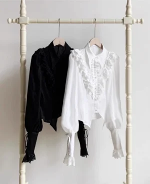 Charlotte gothic lolita blouse black and white colorway hanging flat view vertical striped fabric