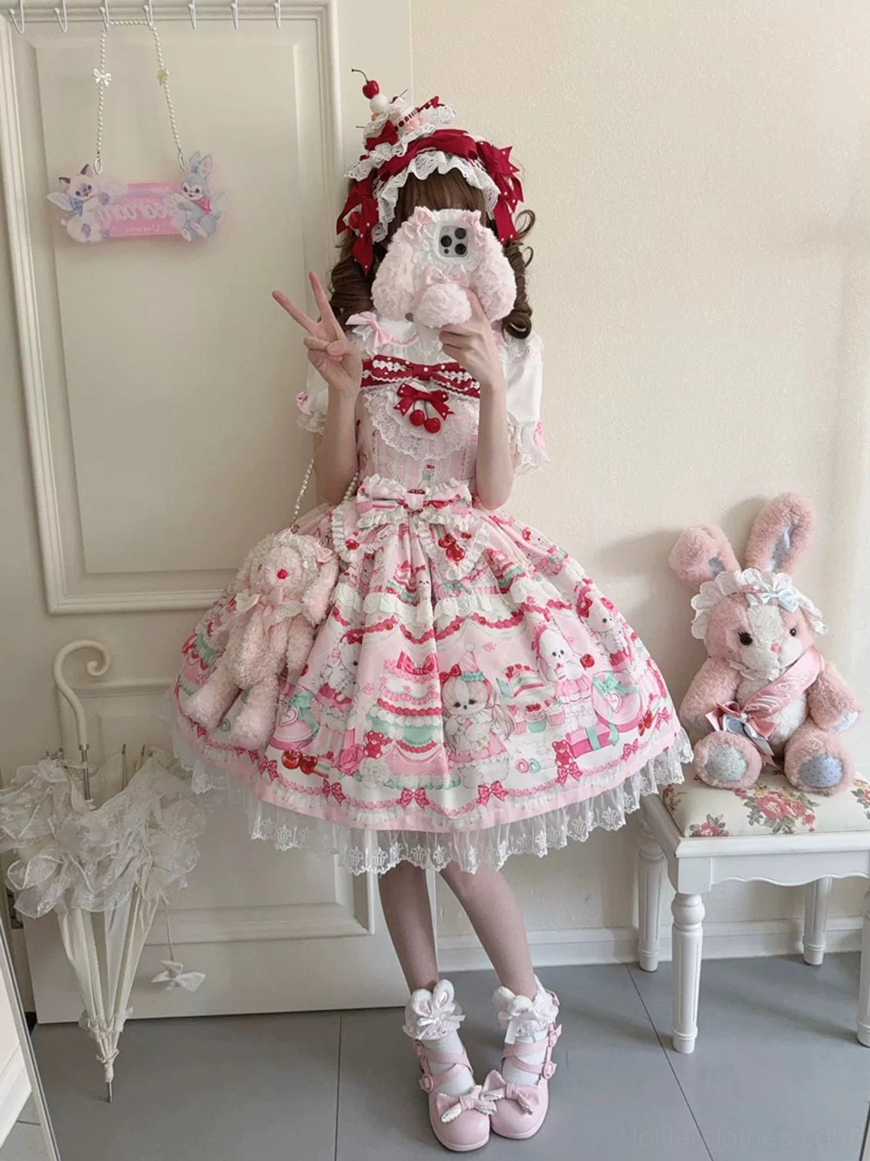 Cherry Bake Song Kawaii Lolita Jumper Skirt waist detail showing adjustable drawstring system, shirring mechanism, and dessert print fabric composition