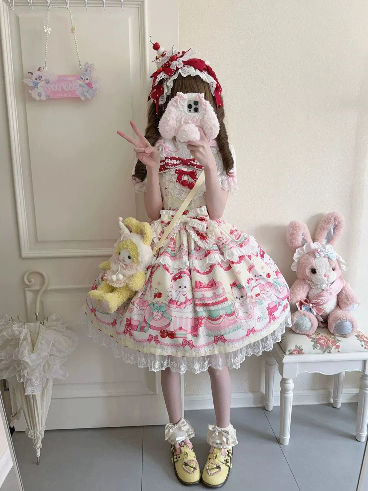 Cherry Bake Song Kawaii Lolita Jumper Skirt skirt volume showcase displaying the characteristic A-line silhouette and two-tiered layered construction detail