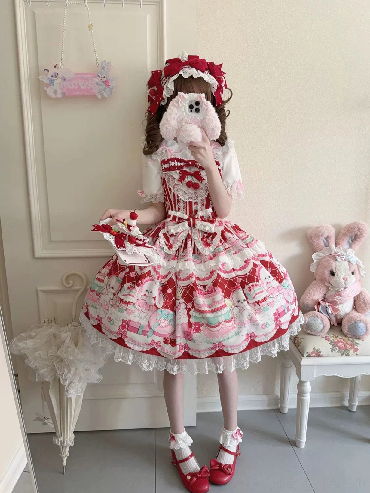 Cherry Bake Song Kawaii Lolita Jumper Skirt back view detail showing adjustable shoulder straps, shirring construction, and lower skirt lace embellishment