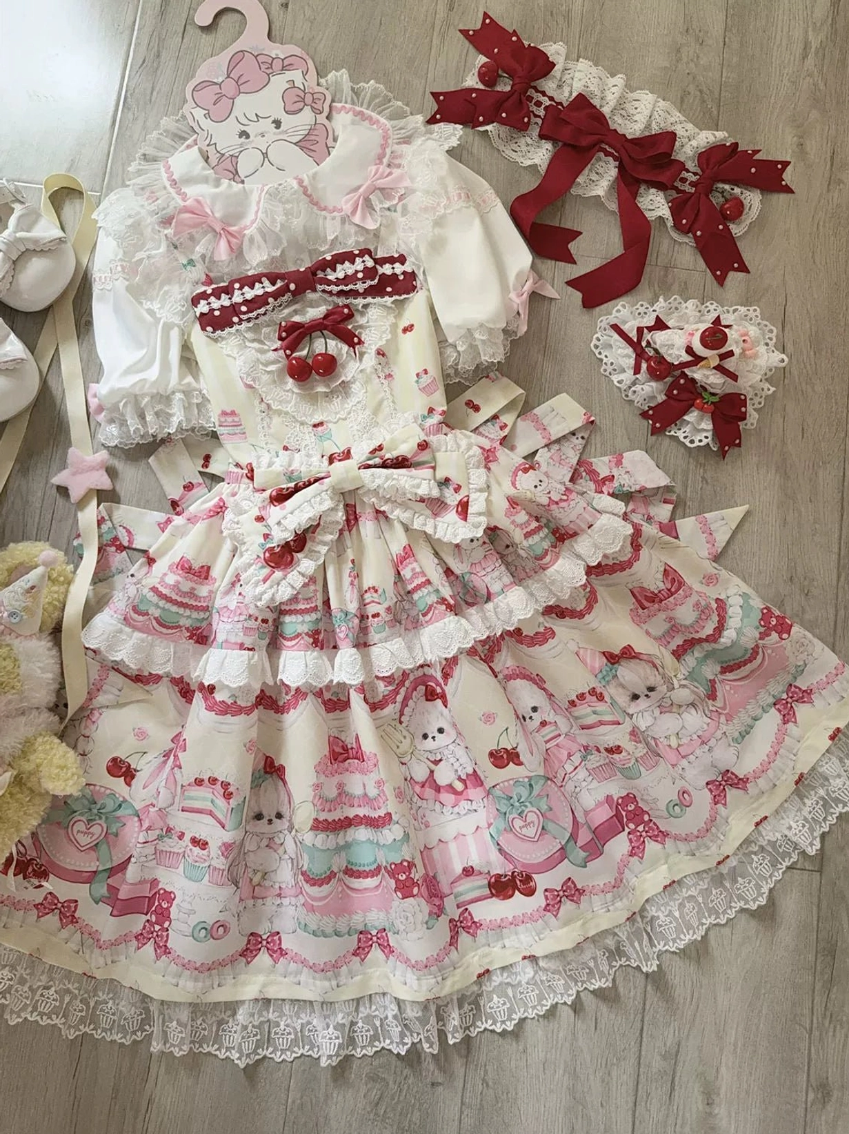 Cherry Bake Song Kawaii Lolita Jumper Skirt care and styling recommendation guide featuring sizing chart, petticoat pairing, and coordinate inspiration