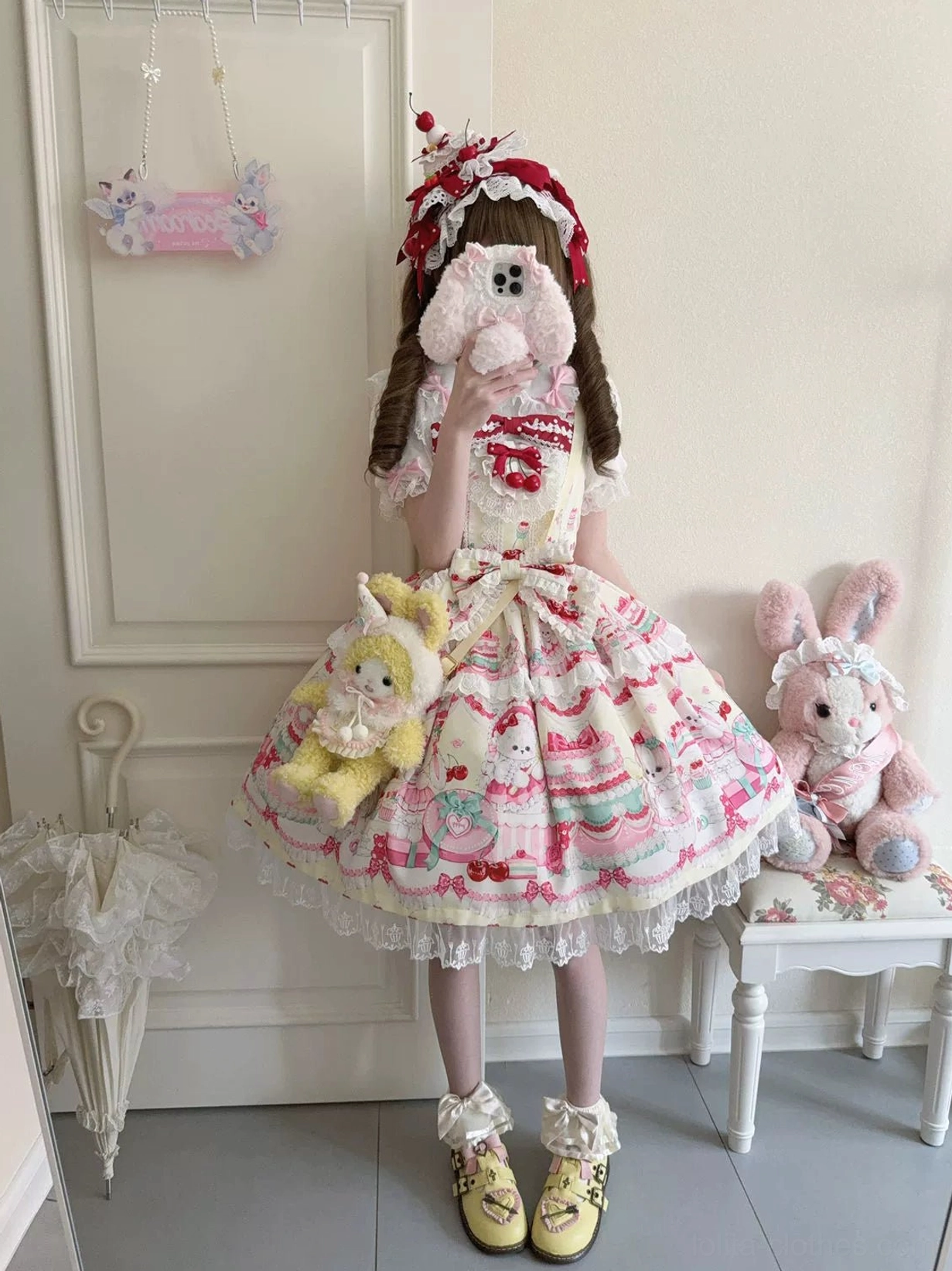 Cherry Bake Song Kawaii Lolita Jumper Skirt color swatch comparison featuring multiple colorways including burgundy, pink, white, and blue variations