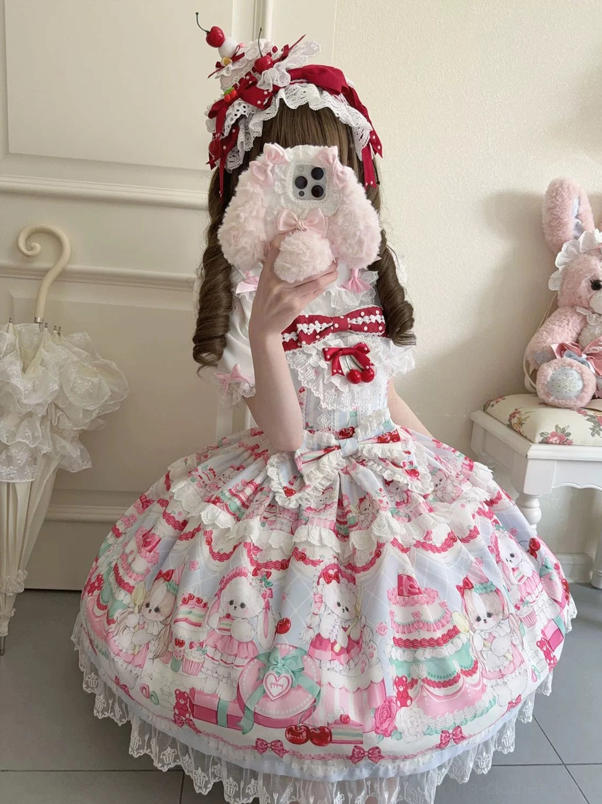 Cherry Bake Song Kawaii Lolita Jumper Skirt styled coordinate example with matching headpiece, blouse, shoes, and themed accessories in complete lolita outfit