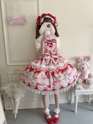 Cherry Bake Song Lolita JSK Dress in burgundy red white colorway, full-body front view worn by model with matching burgundy headpiece and Mary Jane shoes, featuring dessert print and animal designs with lace skirt trim