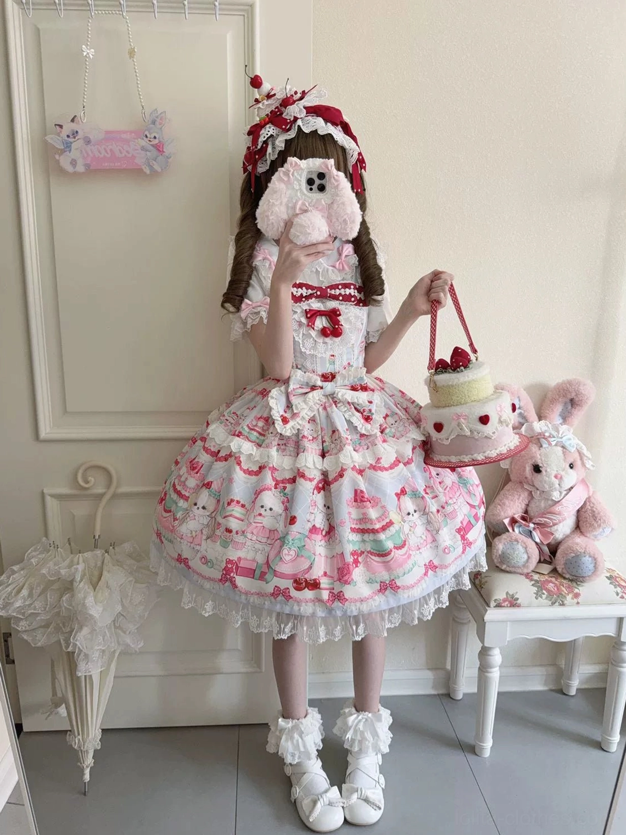 Cherry Bake Song Lolita JSK fabric texture detail showcasing four-way stretch material quality and dessert print clarity