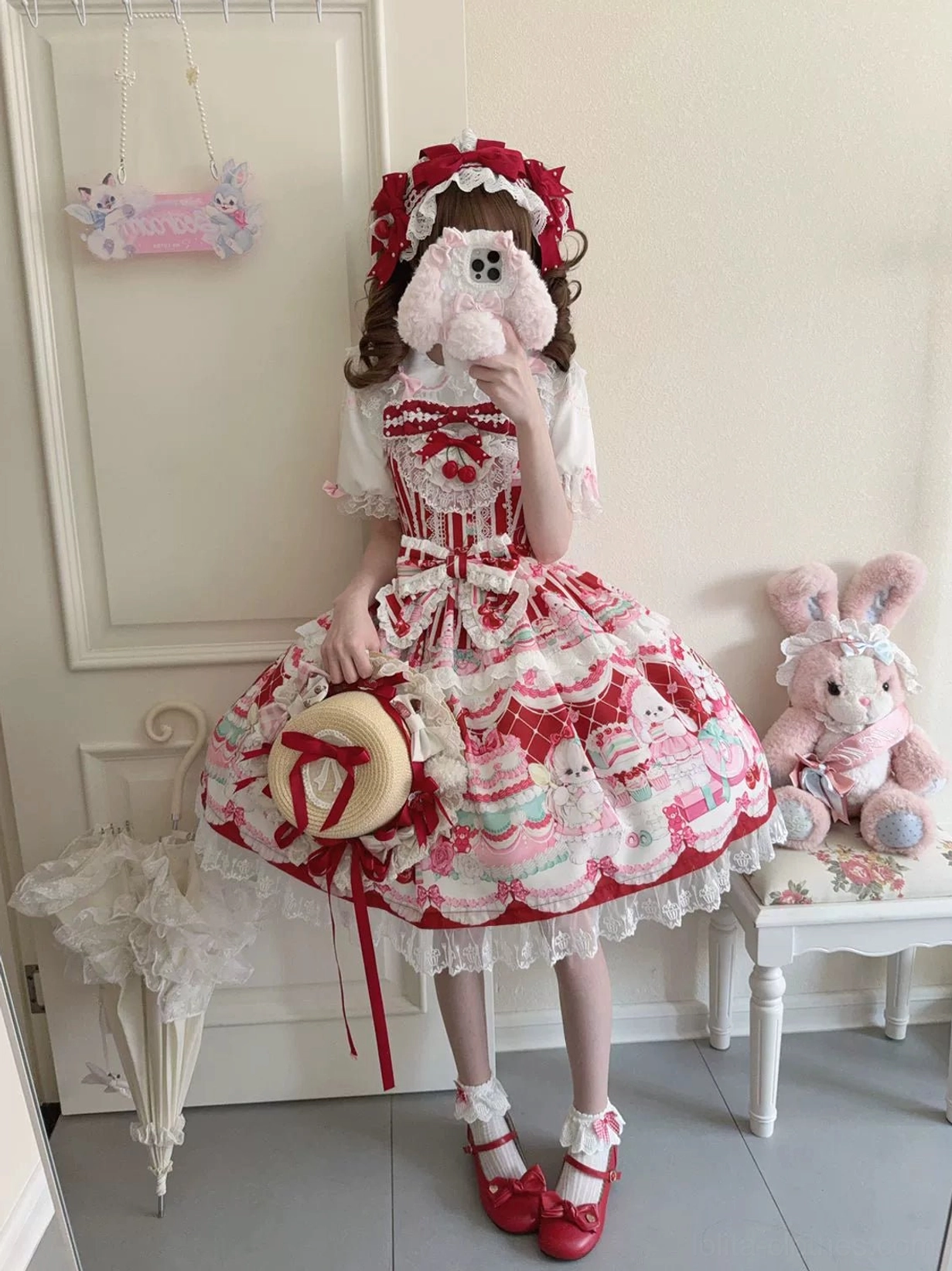 Cherry Bake Song Lolita JSK detail shot showing delicate lace collar embellishment, decorative pearls, and refined bow accent with dessert print visible