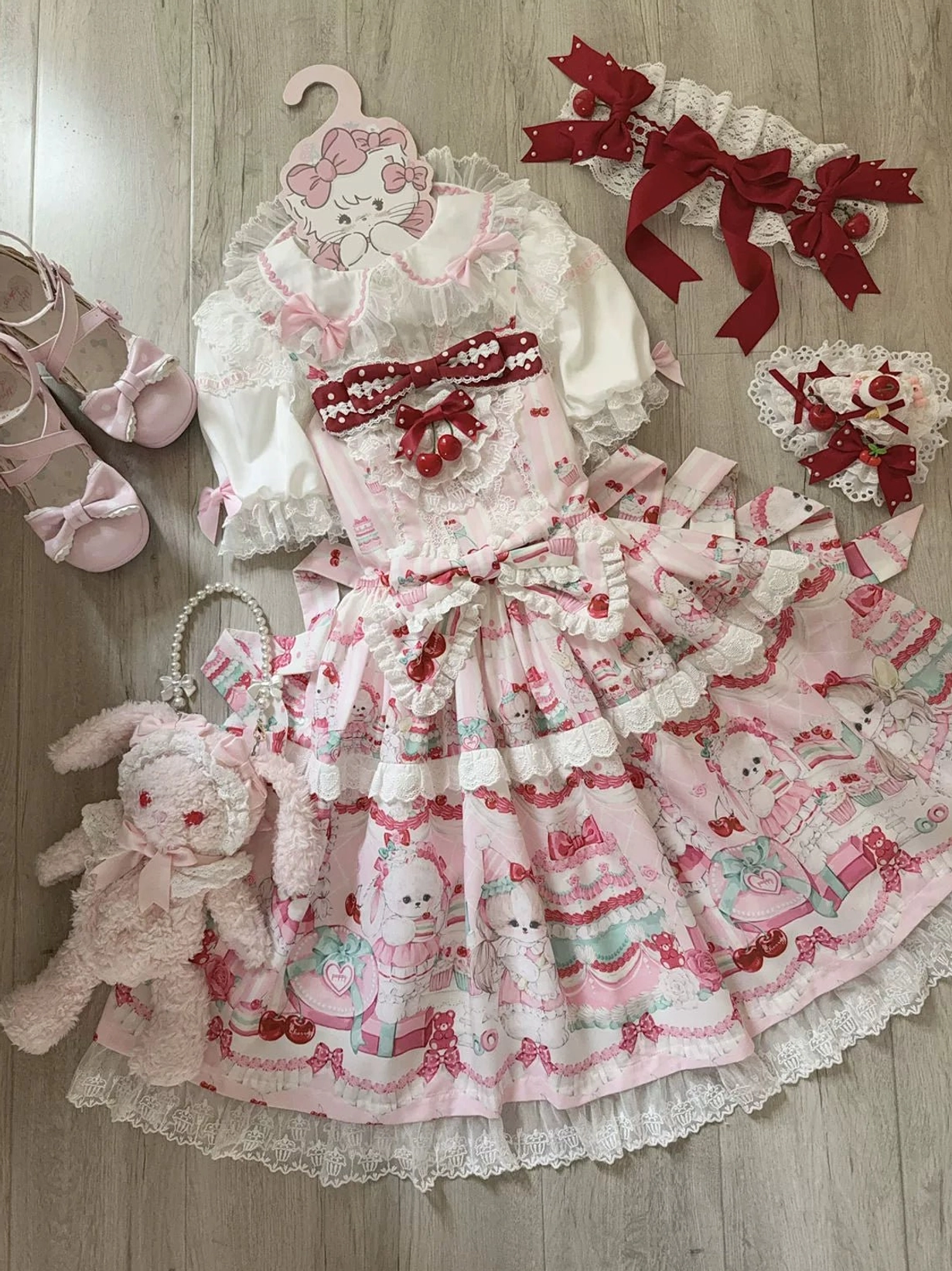 Cherry Bake Song Lolita JSK yellow colorway variant, full product display showing animal print focus and unique color interpretation of the design