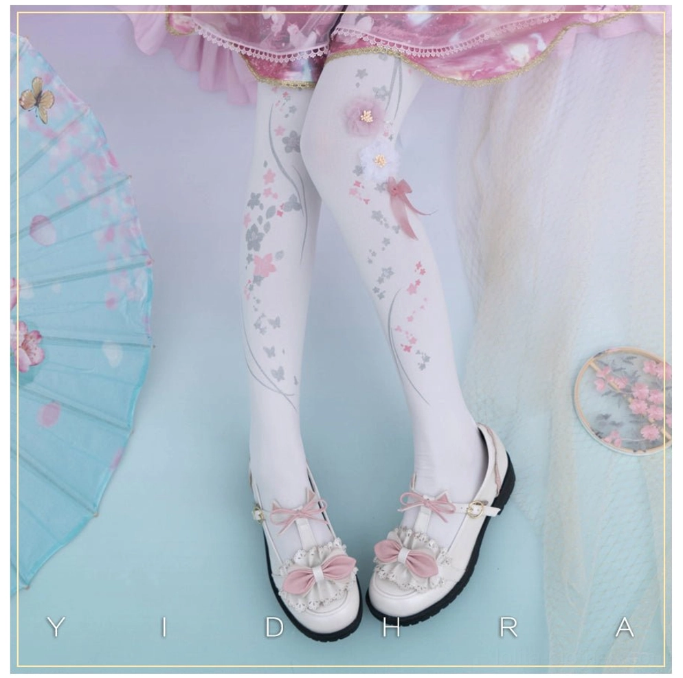 Cherry blossom lolita pantyhose styling guide showing fabric weight options 120d velvet and 20d sheer coordination