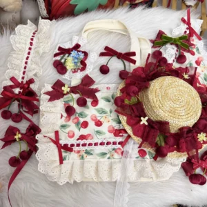 sweet lolita cherry accessory collection flat lay complete set white fur backdrop