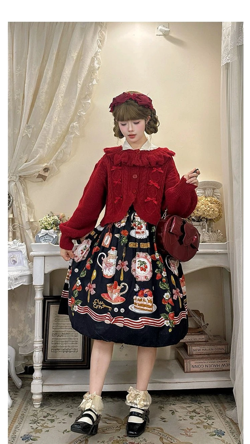 Cherry Red Burgundy Lolita Cardigan Ruffle Collar Satin Bow Detail Knit Texture Close-up Photography