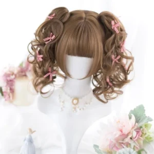 Chestnut brown curly twin ponytail lolita wig with blunt bangs decorated with pink bow hair clips displayed on mannequin with floral backdrop front three-quarter view