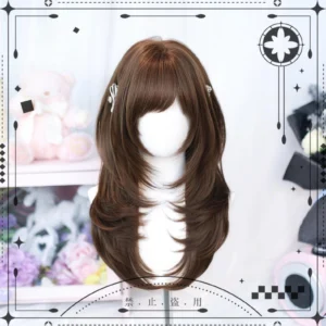 warm-chestnut-layered-lolita-wig-flat-bangs-sweet-everyday-style-front-view-mannequin-display-with-cute-girly-background-flowers-retro-props