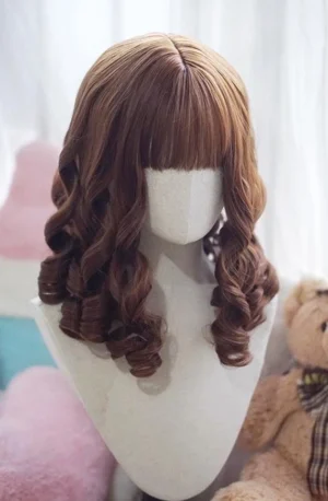 Chestnut brown lolita blunt bang roman curl wig with tight ringlet curls on display mannequin, classic lolita style wig front view