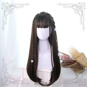 Chestnut brown long straight lolita wig front full view on display mannequin with dried floral props and wooden accessories showcasing classic lolita elegance