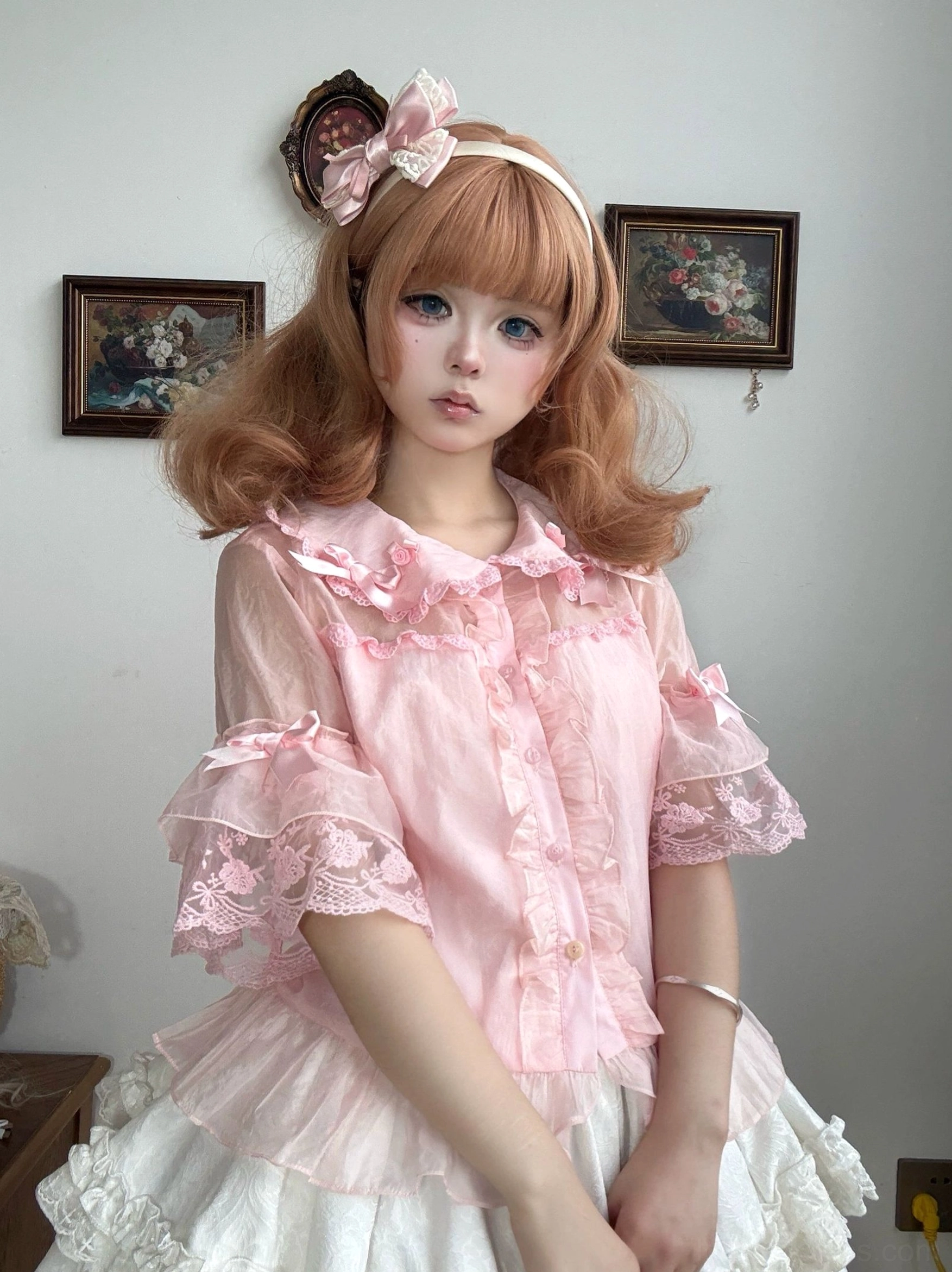 Chiffon blouse variant sizing chart and details, showing all available sizes S M L XL 2XL with corresponding measurements in centimeters and inches for layering with JSK dress