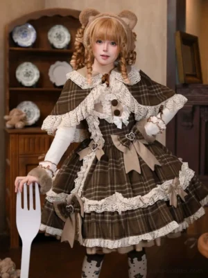 Front view of brown plaid Lolita JSK dress with Peter Pan collar cape set, featuring ivory lace trims and satin bow details on model