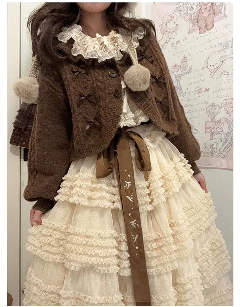 Chocolate Brown Cable Knit Lolita Cardigan Soft Fuzzy Wool Blend Fabric Warmth Comfort Winter Ready