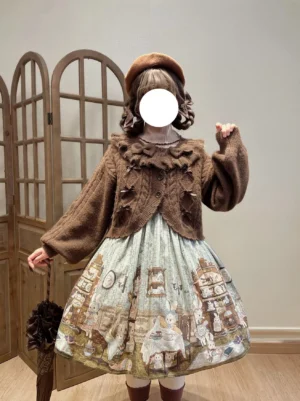 Chocolate Brown Cropped Lolita Cardigan with Ruffled Collar Back View Vintage Sweet Printed Skirt Ensemble